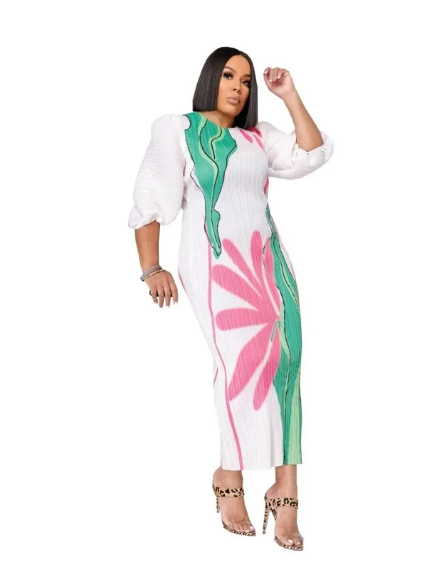 Wmstar vestidos femininos atacado moda senhoras de alta qualidade manga lanterna plissado flor impressão em torno do pescoço maxi vestido novo verão — image 5