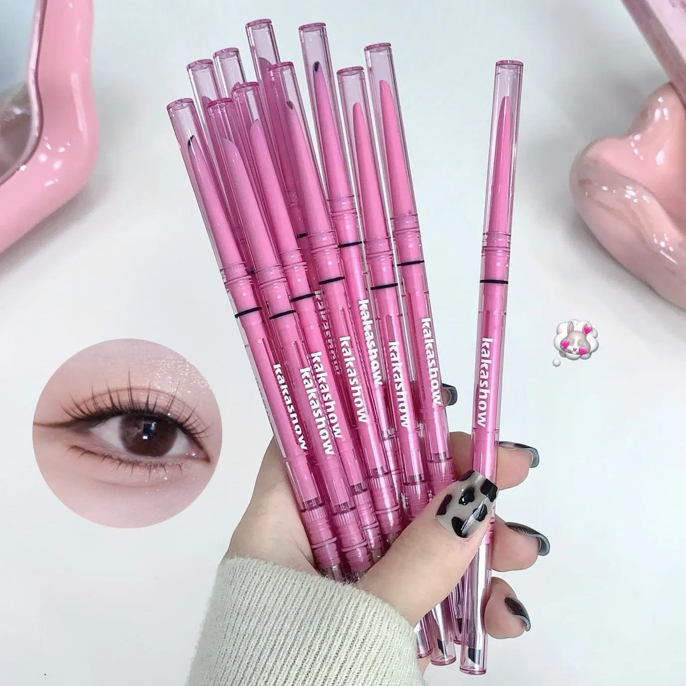 Double-headed Natural Black Eyeliner Gel with Brush Smudge-Proof Waterproof Creamy Smooth Rose Pink for Brows & Under Eye Makeup