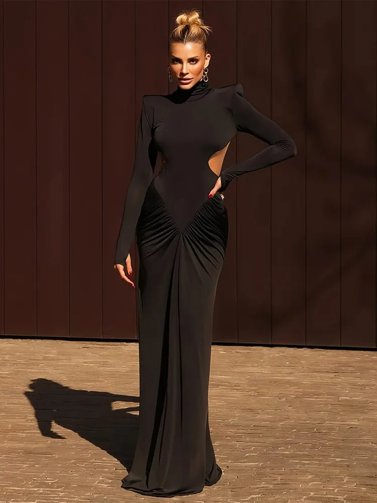 이상한 Puss Backless 맥시 드레스 여성 어깨 패드 긴 소매 허리없는 복숭아 엉덩이 Ruched 우아한 연회 스키니 Vestidos