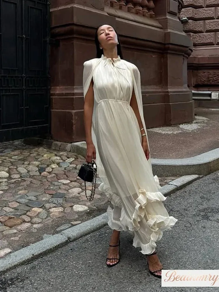 Abito maxi con volant multistrato solido Abito elegante senza maniche con spalle scoperte a vita alta da donna 2026 Abbigliamento femminile per le vacanze