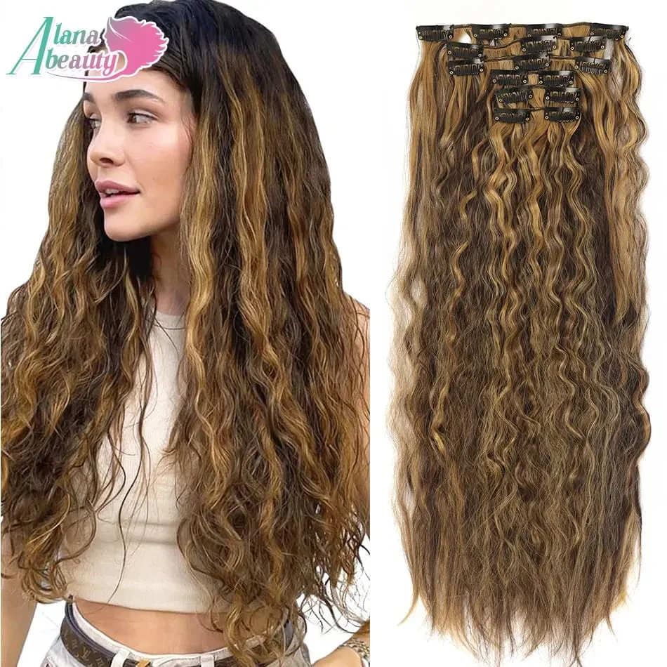 Synthetic Long Wavy Clip In Hair Extensions 20" Thick Hairpiece 6pcs/set For Women Brown Blonde Black Natural Fake Fiber Hair