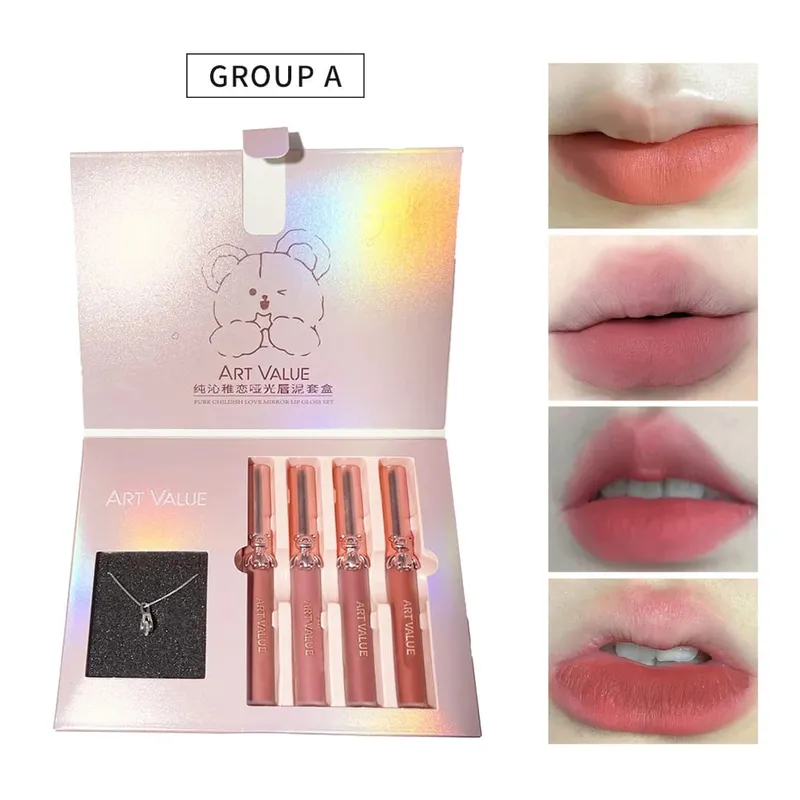 ART VALUE 4Pcs Lipgloss Liquid Lipstick Lasting Moisturizing Makeup Mirror Lip Glaze Set With Necklace Lip Tint Beauty Makeup