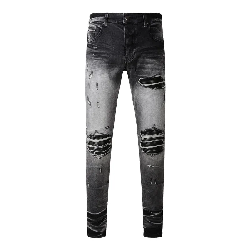 Fashionable New Men's Retro Blue Jeans With Pleated Elastic Perforated Blue Leather Patch Tight Tapered Pants Y2K