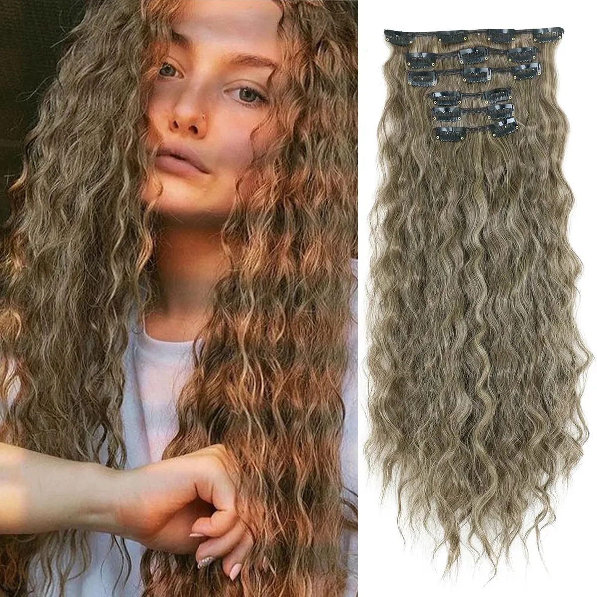 Synthetic Hair Extensions 16Clips In 6PCS Set Curly 22inch Long Clip On Hairpiece Corn Wavy Style For Women Girls Daily Party