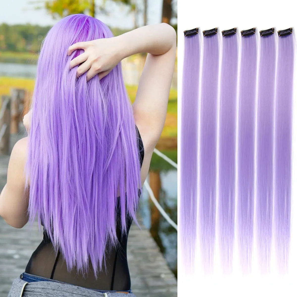 6pcs/pack Colored Party Highlights Clip in Hair Extensions 22 inches Multi-colors Straight Hair Synthetic Hairpieces