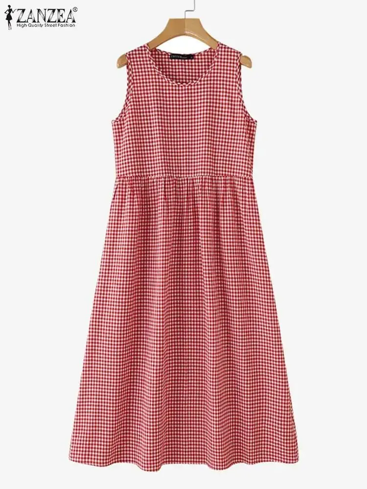 Summer Plaid Checked Sundress Sleeveless Bohemain Holiday Dresses Women Elegant O Neck Dress Casual Baggy Work Vestidos