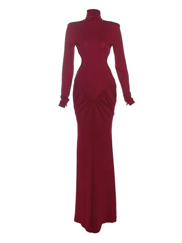 이상한 Puss Backless 맥시 드레스 여성 어깨 패드 긴 소매 허리없는 복숭아 엉덩이 Ruched 우아한 연회 스키니 Vestidos
