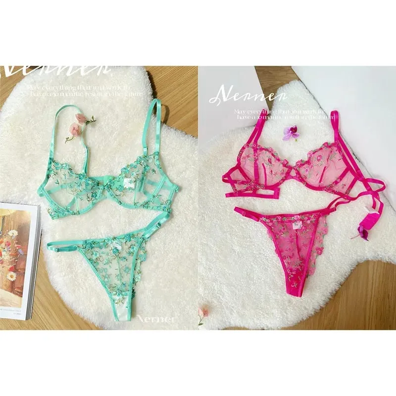 Korean Hot Lace Bra Set Floral Embroidery Transparent Mesh Ultra Thin Big Bust Modest Summer Ladies Daily Wear Underwear 32-38 — image 21