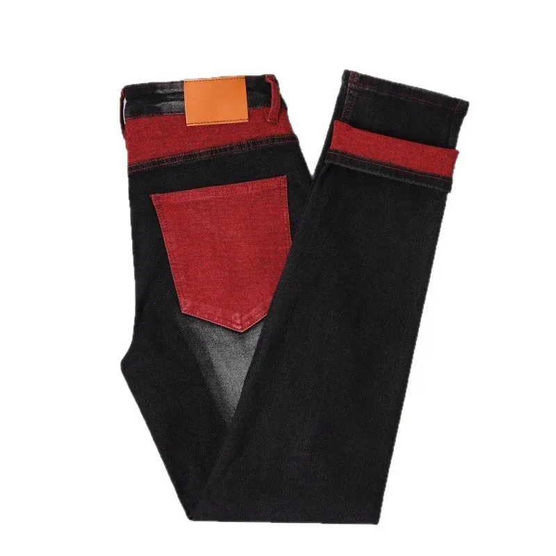 Men's Black Stretch Jeans for Spring and Fall Denim Pants with Red Ripped Details Asian Sizes 28–42.