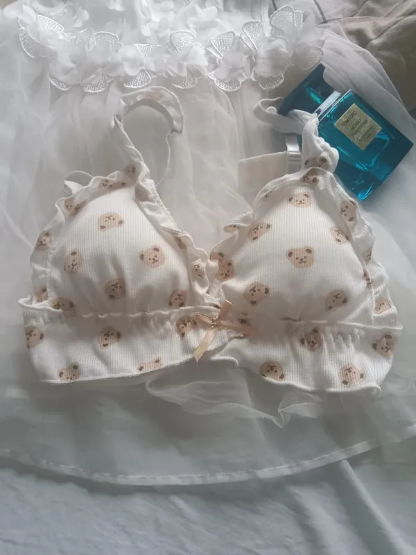 Japan Cute Girl Bear Bra Cartoon Cute Girl Without Steel Ring Anti-Sagging Sweet Ruffled Bow Bra Set as Well as Bra Single Piece