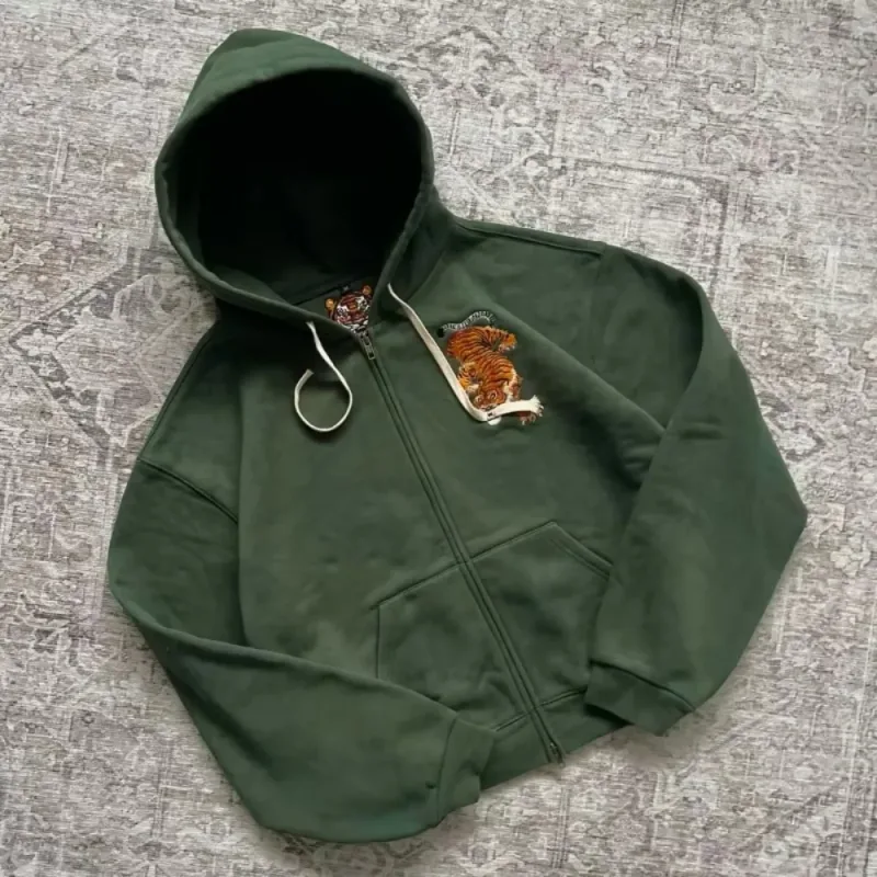 Vintage Bear Print Hoodie Men Retro Green Plaid Patch Pullover Hooded Sweatshirt Casual Streetwear Long Sleeve Women Hoodies Top