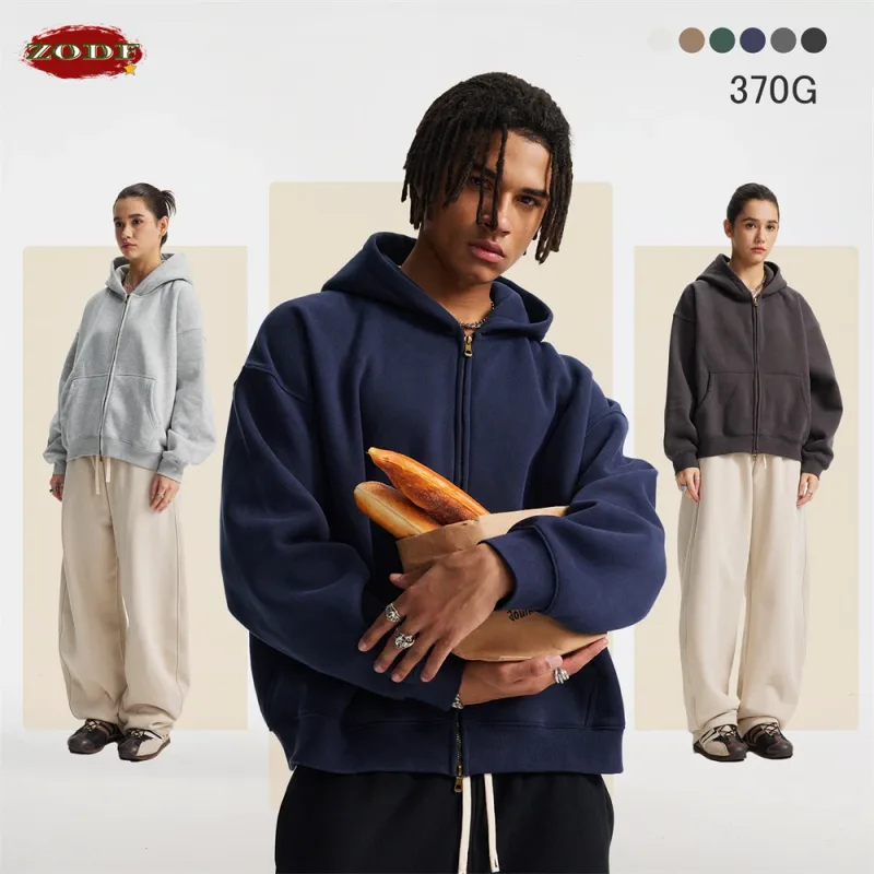 Trendy 2025 Winter Man Solid Fleece Boxy Hoodies Unisex 350gsm Dubbele Hoofd Rits Hoody Jas HY1122 — image 5