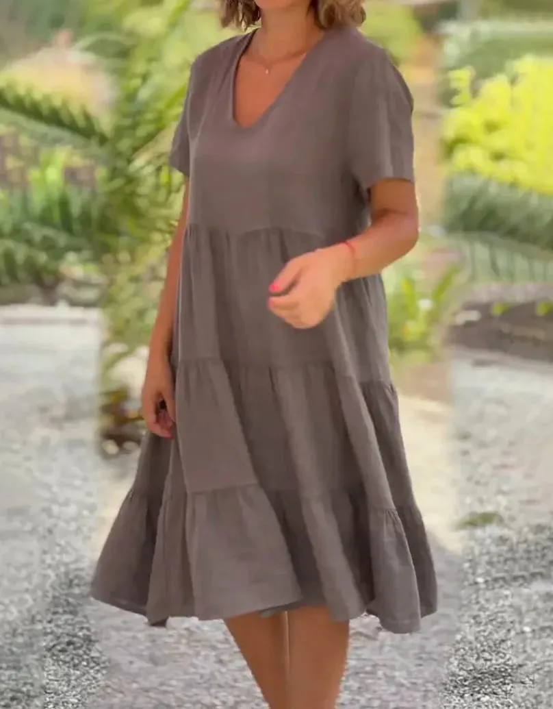 Abiti casual da donna in lino di cotone 2025 Primavera / Estate Dolce manica corta Scollo a V solido Abito ampio altalena S-5XL