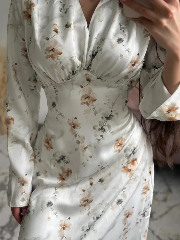 Organza Floral Printed Maxi Dress Fashion V-neck Puff Sleeve 2026 Spring/summer Romantic Women Party Gown Elegant Lady Vestidos