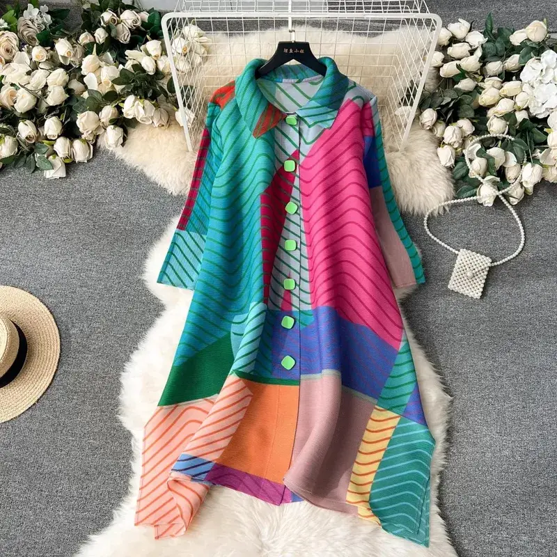 Miyake Abito drappeggiato a pieghe Donna 2024 Primavera Estate Colorblock Stampa Risvolto Manica 3/4 Abiti camicia monopetto moda