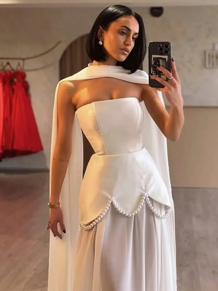 Solid Color Tie Accent Floral Hem Evening Gown Strapless Paneled Pearl Chain 2026 Elegant Women Dress Fashion Chic Lady Vestido