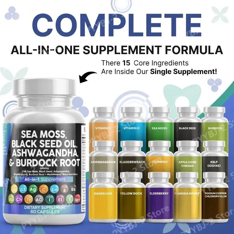 Sea Moss Capsules Contain Black Seed Turmeric & Vitamin D Plant-Based Daily Mineral All in One Supplement 60 Count Per Bottle