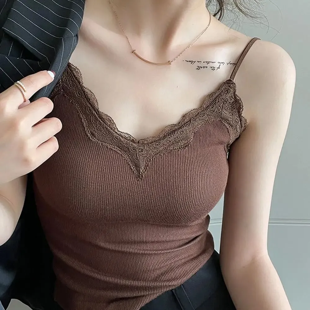 Högkvalitativt mode andas spets Camisole Strap BH Enfärgad sommartopp Sexig stil Wire-Free Crop Top