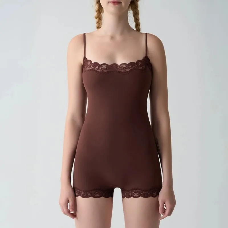 Square Neck Spaghetti Strap Bodysuits Lace Trim Women Sleeveless Slimming Bodycon Jumpsuit Romper