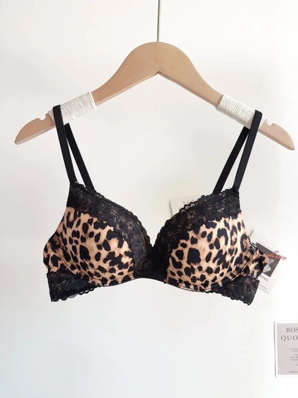 Women Sexy Leopard Print Lingerie Set Wireless Invisible Push Up for Small Breasts Adjustable A To C Cup sheer Lace Pure Style