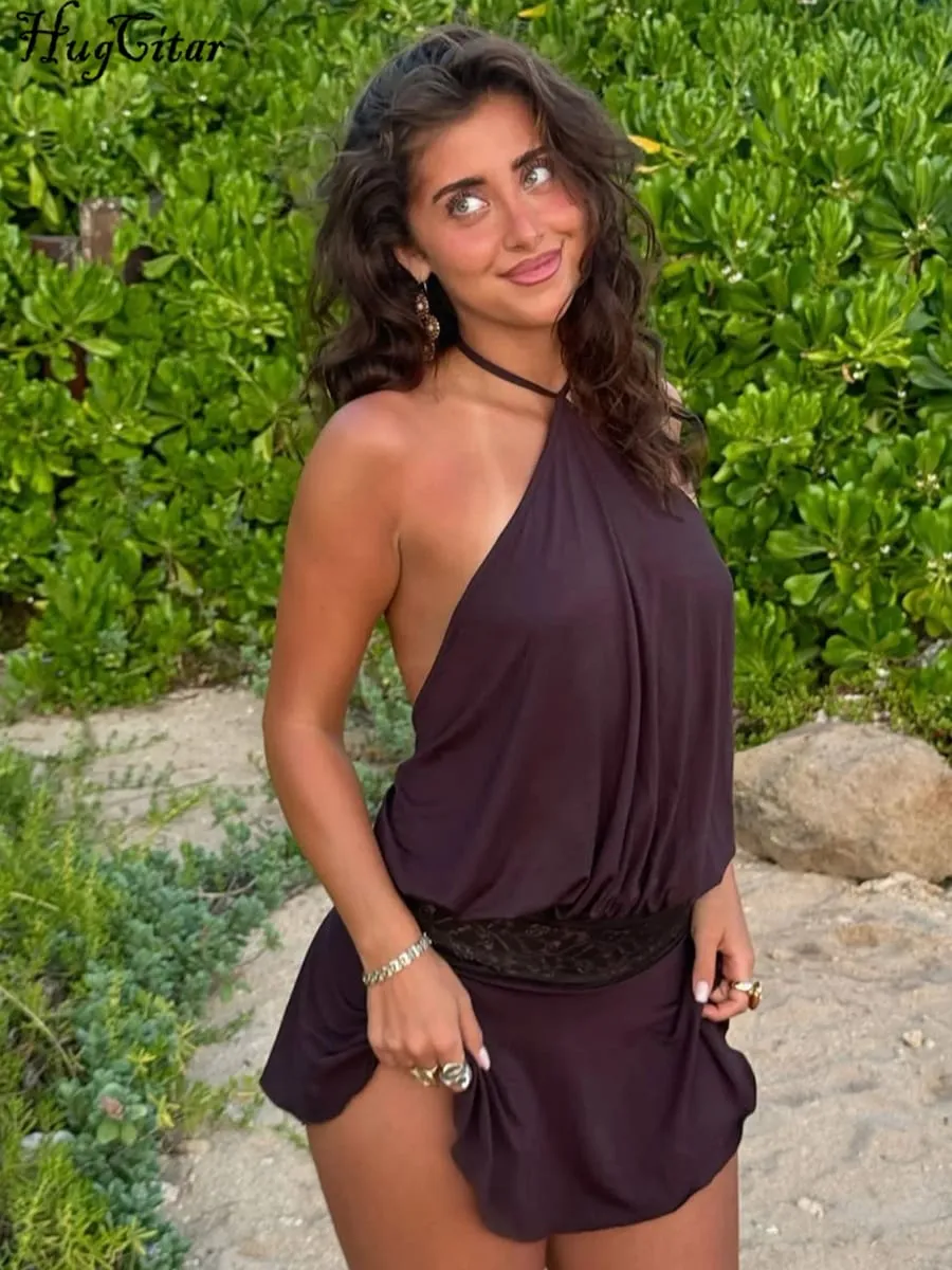 Hugcitar Damesmode Halter Solid Backless Patchwork Kant Bandage Sexy Mini Jurk 2025 Zomer Kleding Vakantie Party Club