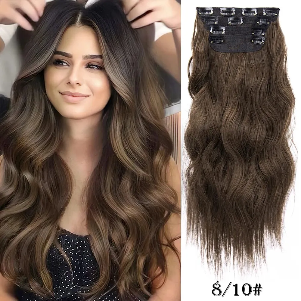 Leeons Wavy Clip In Hair Extensions 4 PCS Natural Soft Long Wavy Hairpieces Thick Double Weft Clip In Hair Extensions For Woman