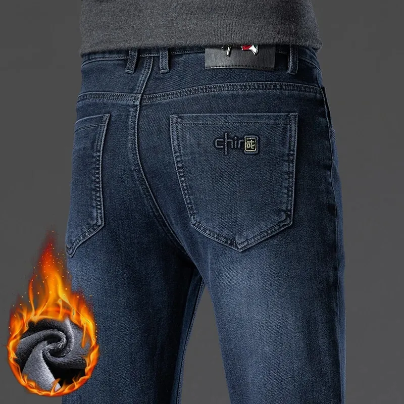 Winter Fleece Warm Men's Jeans Straight Stretch Classic Business Casual Thicken Denim Trousers Washed Fashion Velvet Male Pants