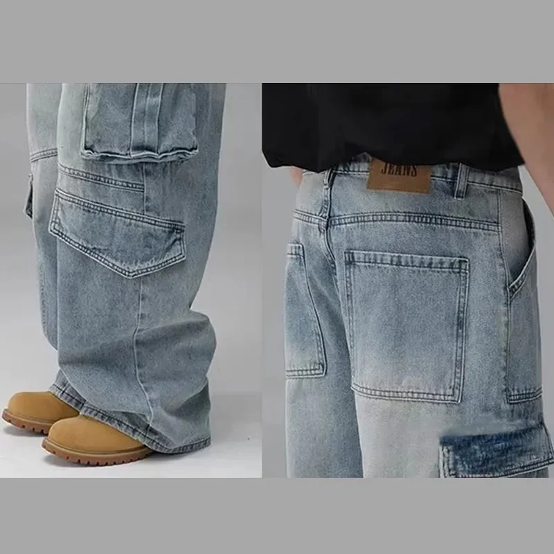 Men'S Spring And Summer Multi Pocket Workwear Design Jeans Retro Washed Japanese And Korean Casual Pants Loose Wide Leg Pants — image 5
