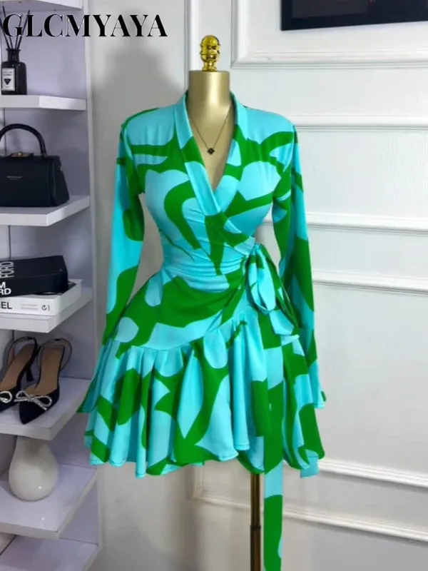 Robe portefeuille à manches longues évasée pour femmes, imprimé Tie and Dye, col en v, avec ceinture, à volants, élégante, robes de fête d'anniversaire, de vacances, 2026