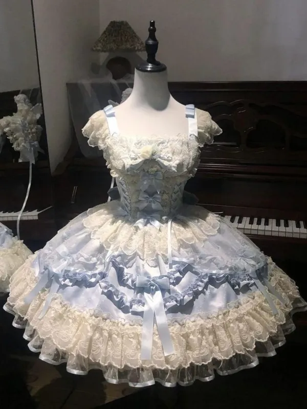 Y2K Sweet Lolita Jks Strap Dress Women Solid Ruffle Lace Bow Patchwork Kawaii Princess Ball Gown Knee-Length Elegant Party — image 16