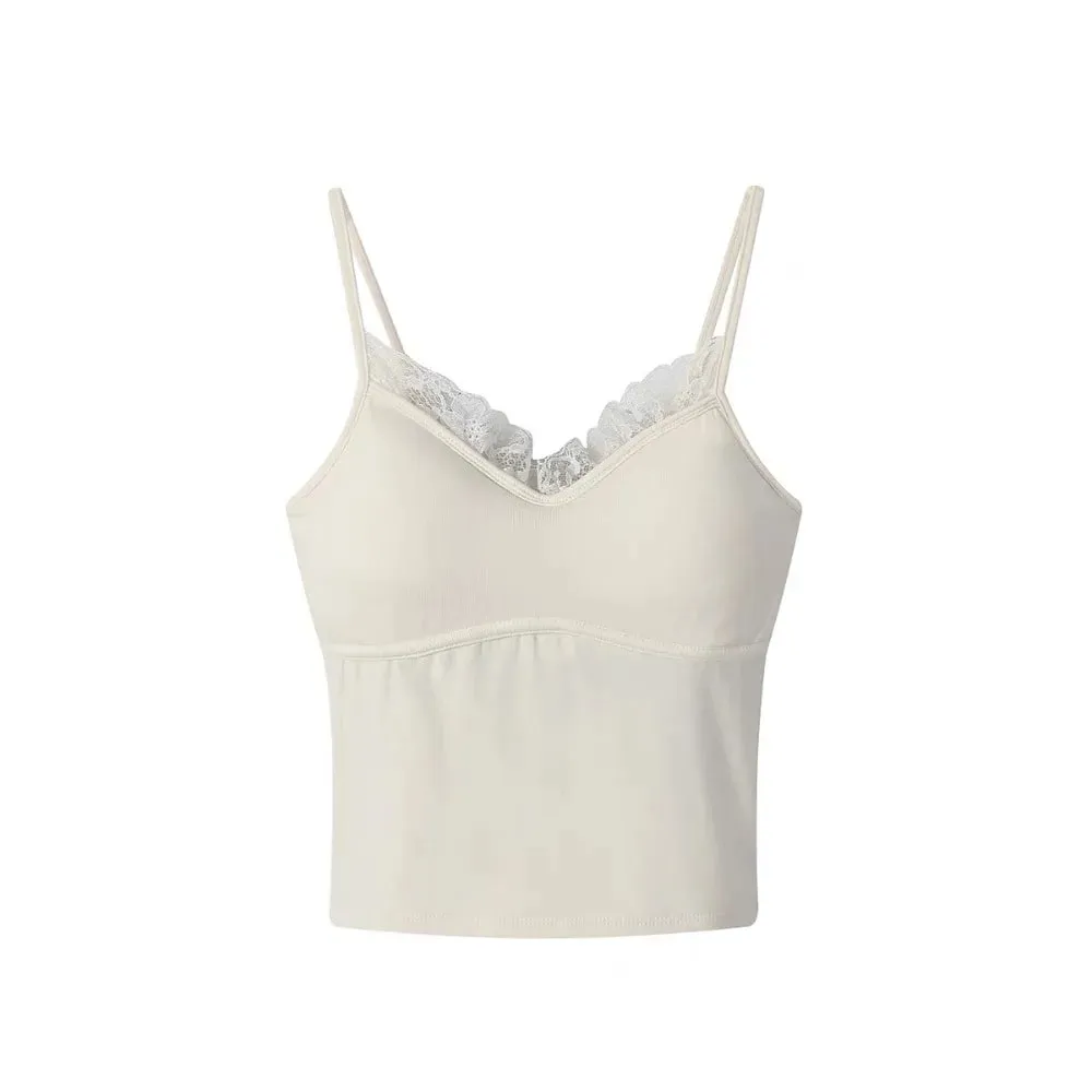 Autumn/Winter Fitted Lace-trimmed Camisole V-Neck Comfortable Slim Fit Camisole Top Soft with Padded Bra Women's Top
