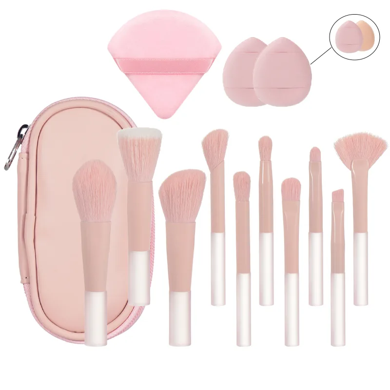 10 pink mini makeup brushes with storage bag foundation contouring brush eyeshadow brow brush - Makeup puff portable makeup
