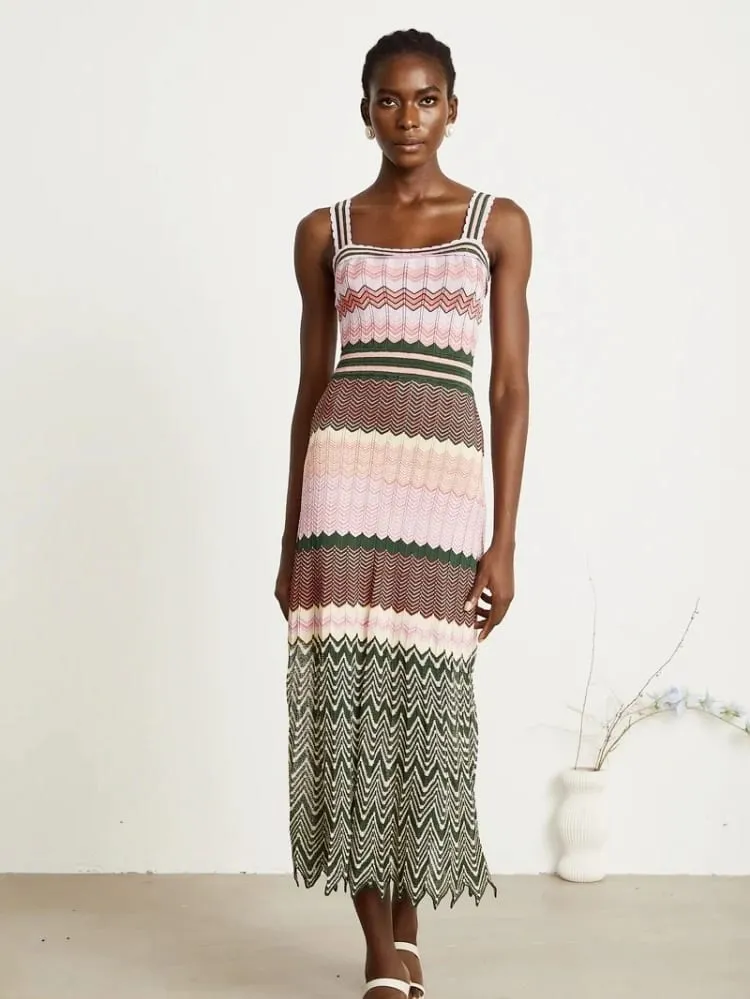 Luxury Brand Design Knitted Zigzag High Elasticity Color Sleeveless Long Maxi Dress Women Arab Africa Popular Boho Lady Skirt — image 6