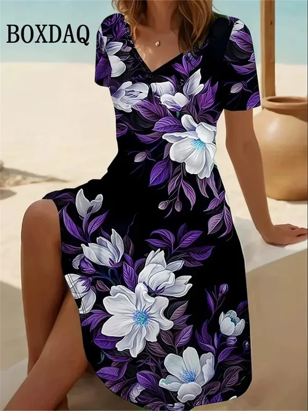 Vintage Summer Dress Women's V-Neck Flowers Printed Casual Beach Vacation Short-Sleeved Dress Loose Women Plus Size Dresses 6XL — image 4