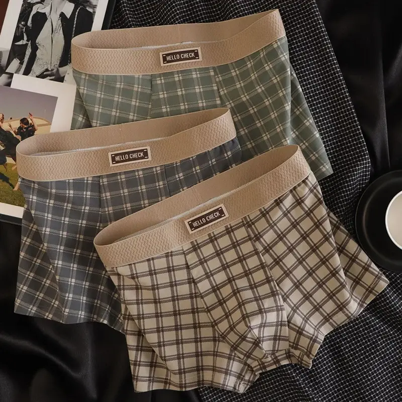 Quần Short Boxer Retro In Họa Tiết Ca Rô 4 Món, Đồ Lót Mềm Mại, Thoải Mái, Thoáng Khí, Quần Lót Boxer Không Đường May Cho Nam — image 1