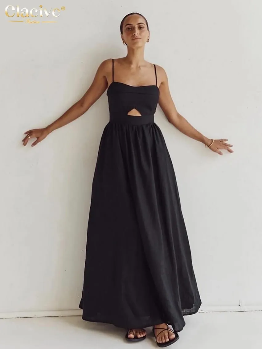 Clacive Sexy Loose Black Cotton Womens Dresses 2024 Summer Strap Sleeveless Ankle Length Dress Elegant Hollow Out Female Dress