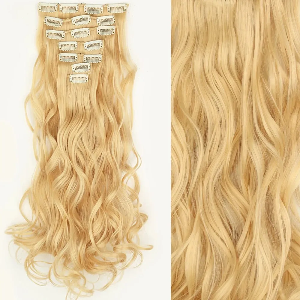 Long Straight Hairstyle 16 Clips 7Pcs/Set Hair Extensions Natural Synthetic Blonde Black Hairpieces Heat Resistant For Women