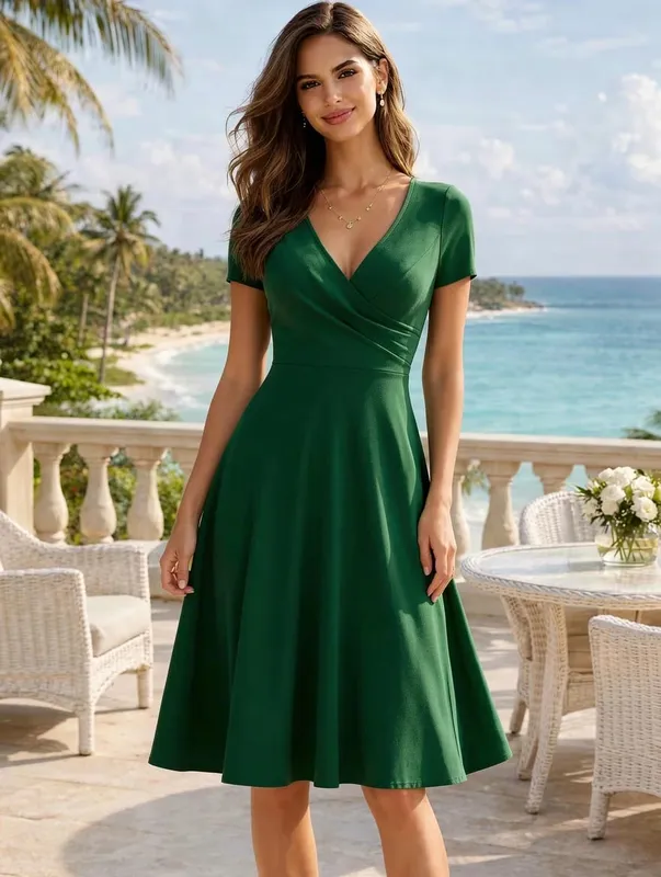 Damen-Kleid, elegant, Rundhalsausschnitt, Sommer, kurzärmelig, einfarbig, A-Linie, knielang, Kleid mit hoher Taille, für Party, Hochzeit, lässiger Abgang