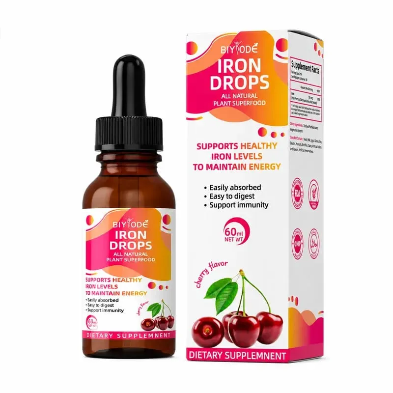 Iron Drops Liquid Supplement 18 Mg (100% DV) Ferrochel Ferrous Bisglycinate Chelate Easy Absorption Cherry Flavor 60ml