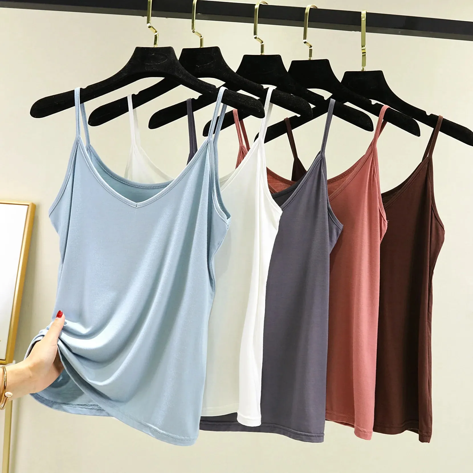 Spaghetti Strap tops Women Halter V Neck Camis Tank Solid color basic sleeveless Camisole Top