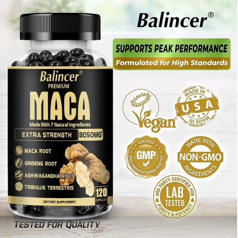20X Natural Concentrated Extracts Black + Red + Yellow Maca Root Korean Ginseng Ashwagandha Maca Root Capsules 8050 Mg