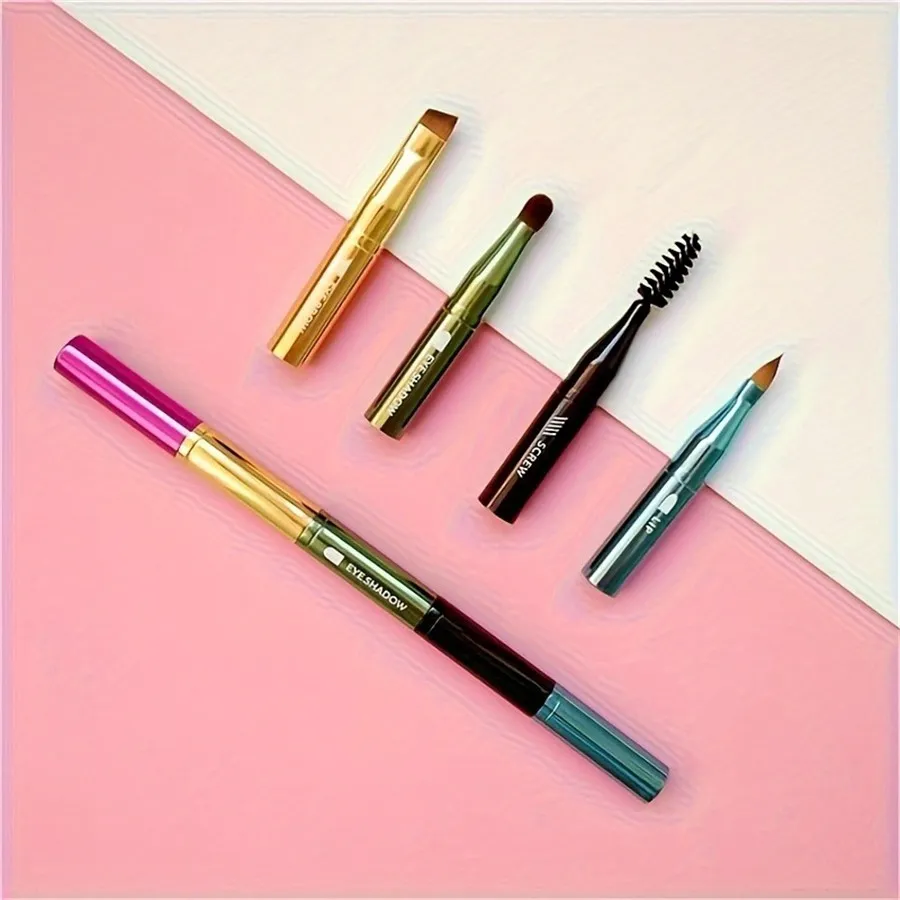 4-in-1 Portable Makeup Brush Set Metal Handle Eyebrow & Lip Brushes with Eyelash And Eyeshadow Applicators Travel-Friendly