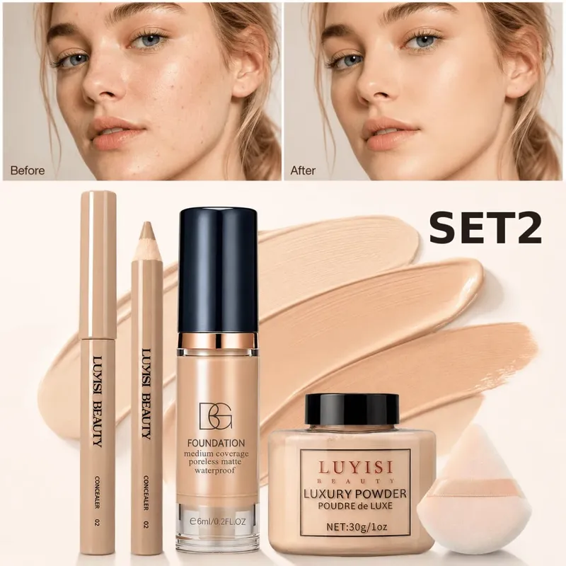 4pcs Facial Makeup Set:1PC Concealer Pen+1PC Foundation+1PC Loose Powder+1PC Puff Flawless Waterproof Long-Lasting Natural