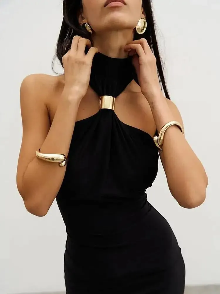 Balitops anel de ouro gola alta maxi tanque vestido feminino verão novo fino ajuste vestido feminino sem mangas volta dividir bodycon vestido longo