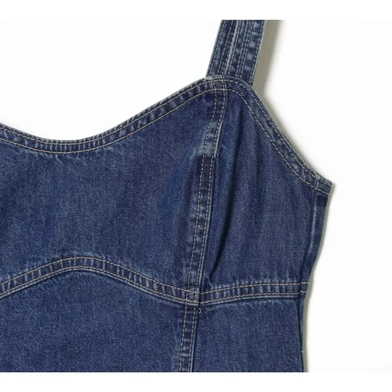 Women Denim Slip Dress with Flared Hem Fashion Casual Backless Sleeveless A-line Dress Female Vacation Style Dresses