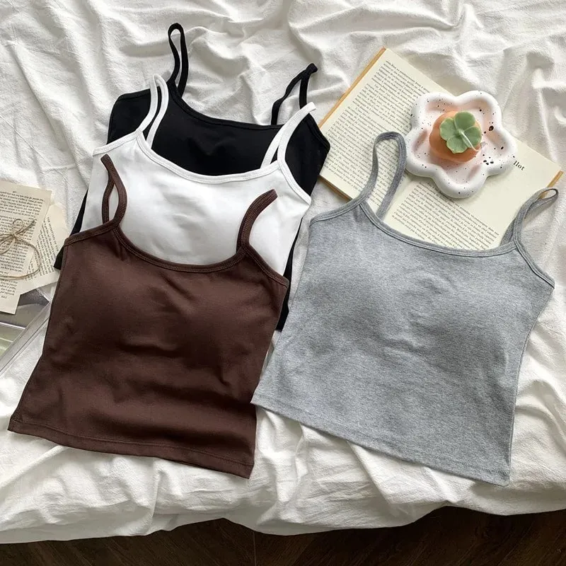 1PC Women's Solid Color Spaghetti Straps Sleeveless Slim Camisole With Chest Pad