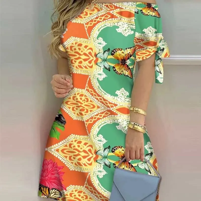 Women Off Shoulder Mini Dress Summer Sexy Short Sleeve Bow Tie Striped Floral Print Dresses Fashion Casual Loose Dress