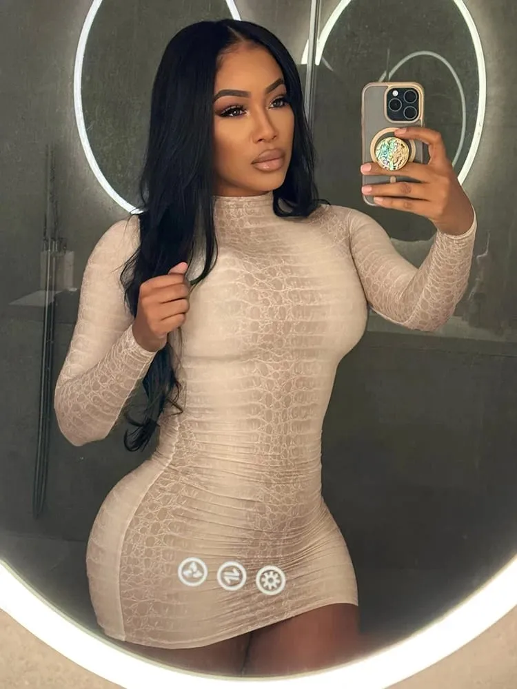 Weird Puss Hottie Snake Pattern Dress Kvinder Vinter Trend Fuldærmet Sexet Street Midnight Activity Stretch Skinny Mini Bodycon