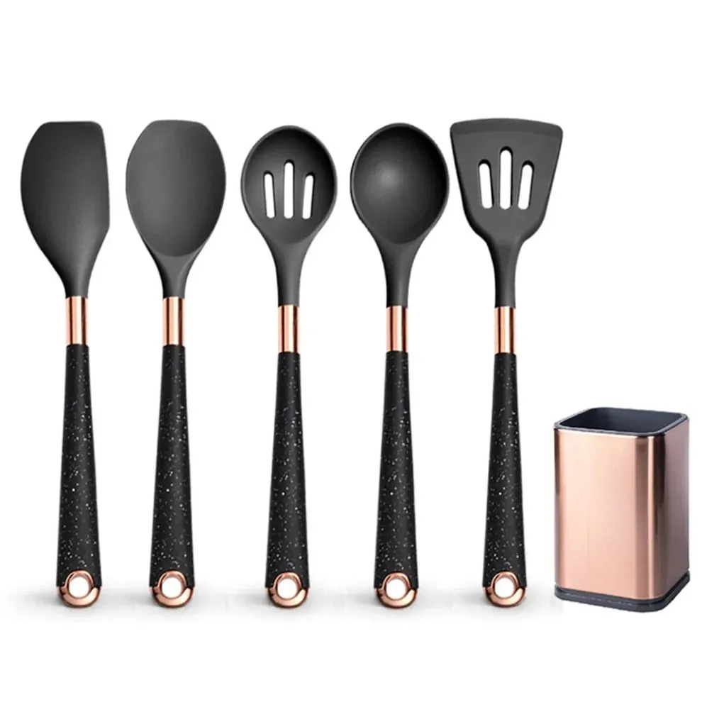 Silicone Cooking Utensils Set Non-Scratch Non-Stick Heat Resistant Spatula Spoon Rose Gold Handle With Bucket Kitchen Gift — image 22