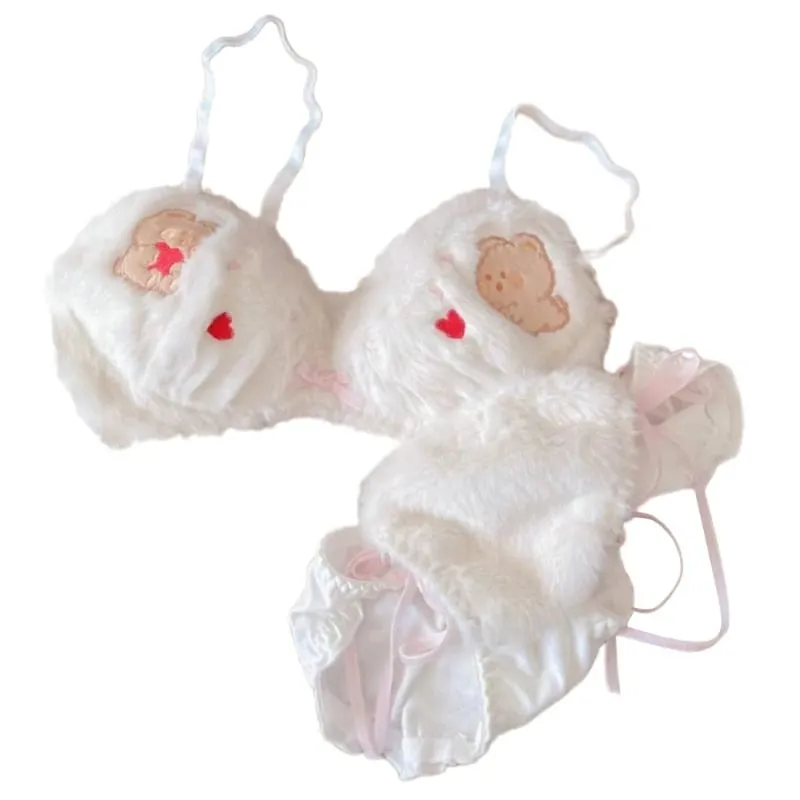 Lingerie invernale da donna con motivo panda a cartoni animati, reggiseno e mutandine in peluche peloso, biancheria intima per cosplay di anime giapponesi, scolaretta